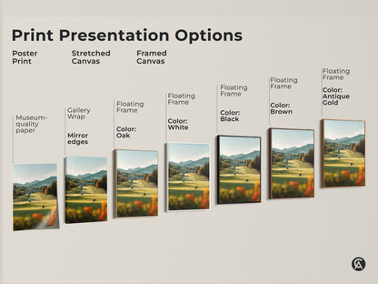 Explore various print presentation options. Choose from poster prints stretched canvas and framed canvas. Each offers a unique way to display the stunning golf course artwork. Find the perfect style to match your taste and decor. Enjoy museum-quality paper and gallery wrapped canvas.
