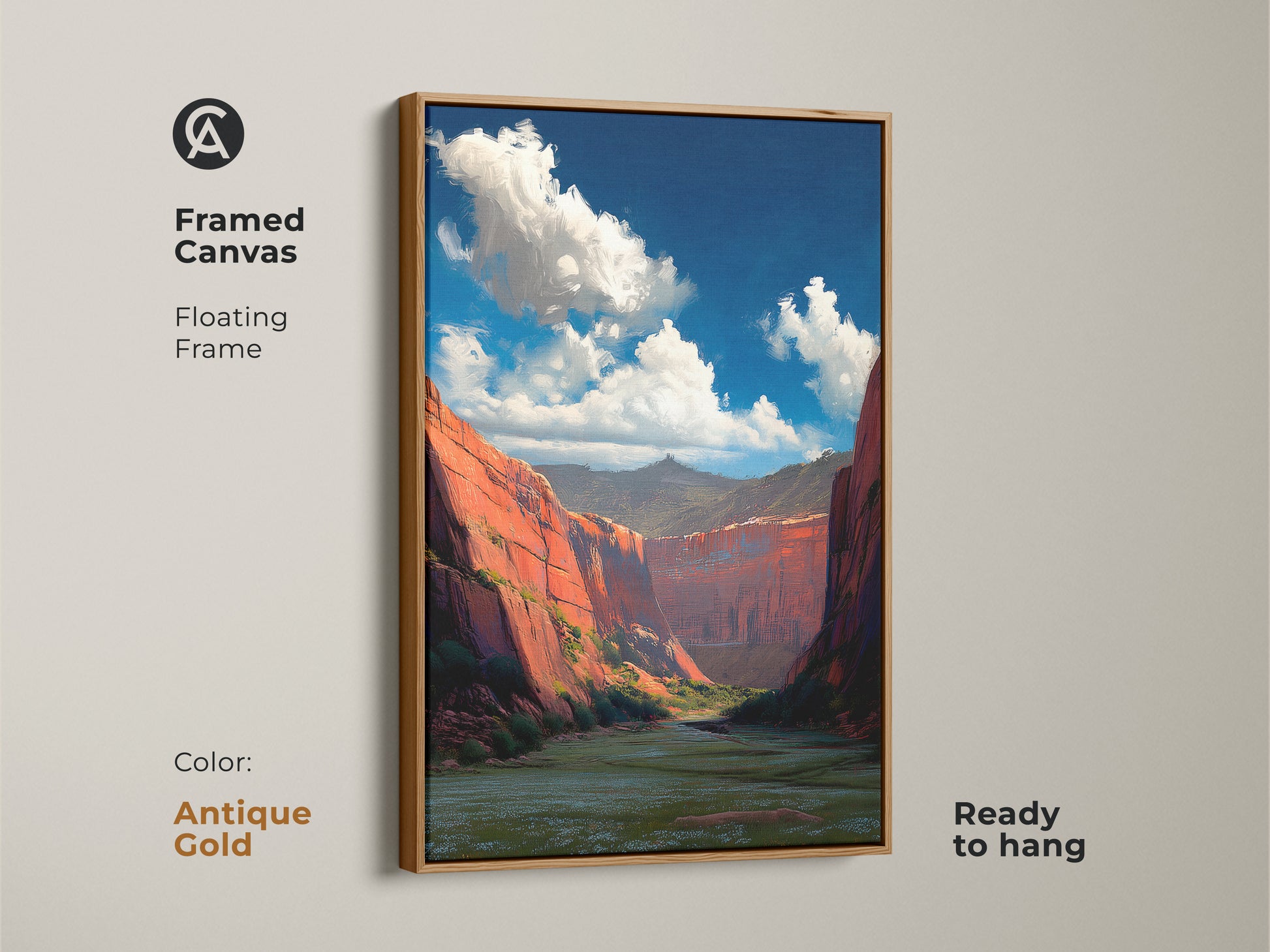 Framed canvas print of a red rock canyon landscape. This antique gold floating frame adds a touch of classic charm to the impressionistic art. The scenic nature artwork is ready to hang. This unique landscape painting is perfect for a housewarming gift. It will give your home a natural and rustic look.