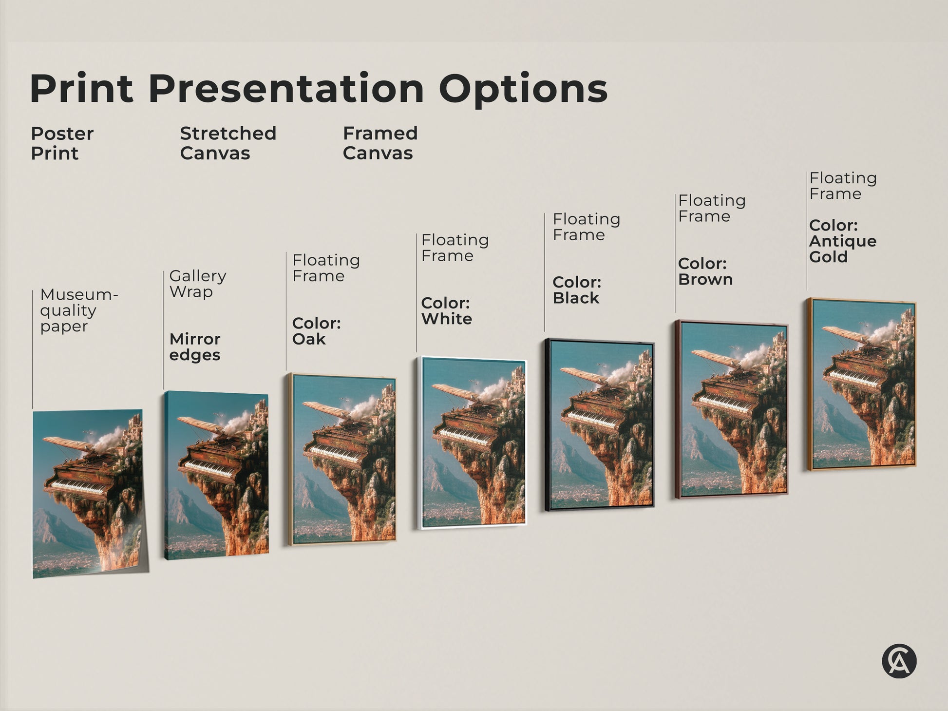 Print presentation options for the steampunk piano cliffside canvas. Choose from poster prints stretched canvas or framed canvas. Select museum-quality paper gallery wrap or floating frame options in black brown antique gold oak and white.