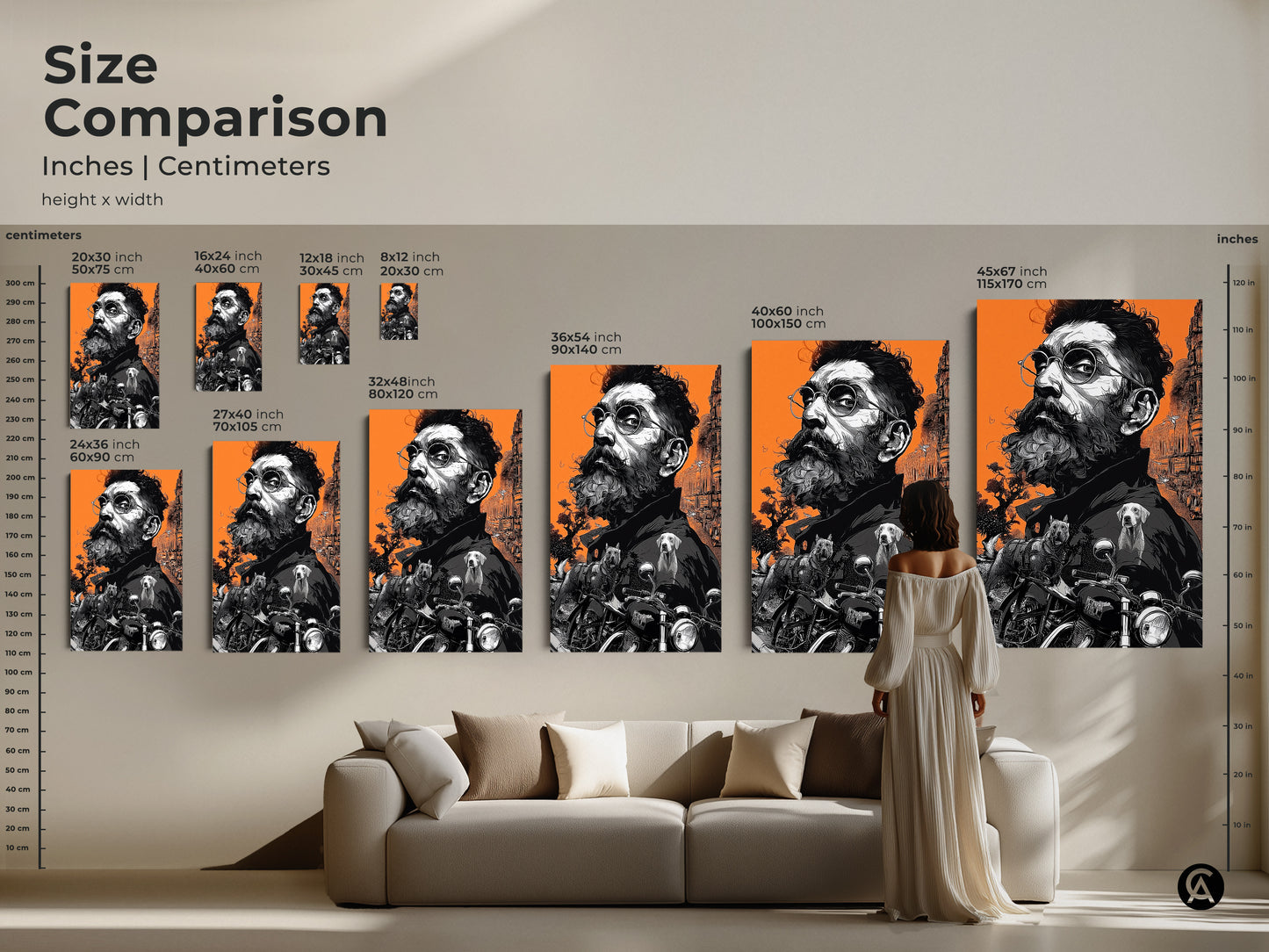 Size comparison of the artwork in inches and centimeters. See how the art looks in different sizes above a couch. The artwork features a bearded man with glasses dogs and a motorcycle on an orange backdrop.