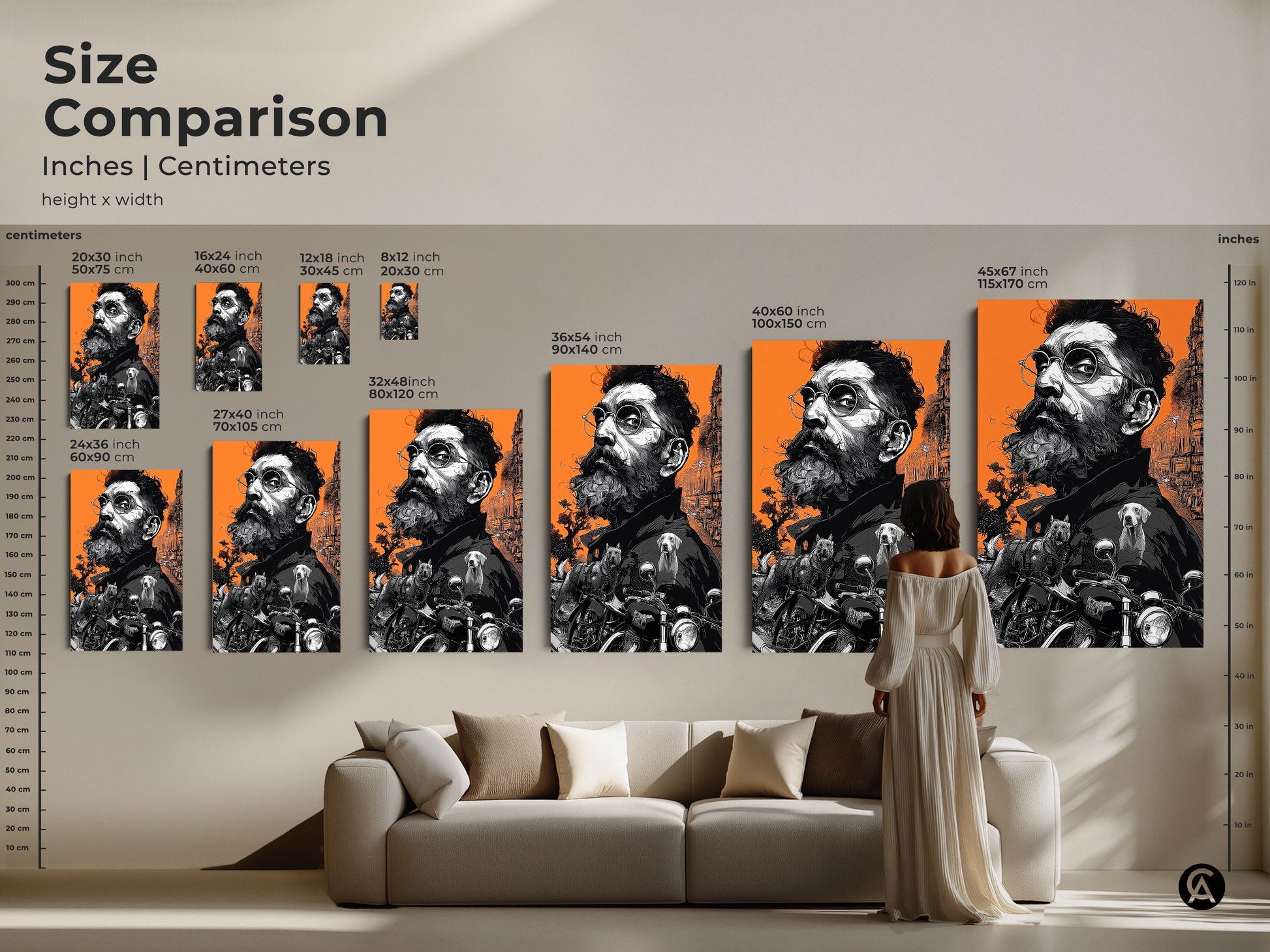 Size comparison of the artwork in inches and centimeters. See how the art looks in different sizes above a couch. The artwork features a bearded man with glasses dogs and a motorcycle on an orange backdrop.