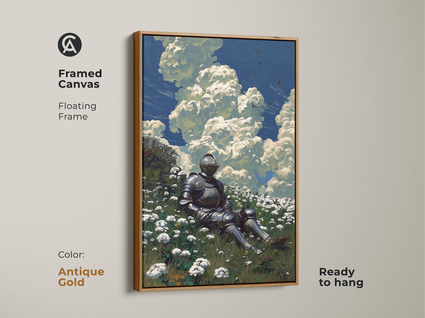 Framed canvas art showcases a medieval knight in a flower field. The antique gold floating frame accentuates the artwork. This fantasy art is ready to hang. It's perfect for home decor.