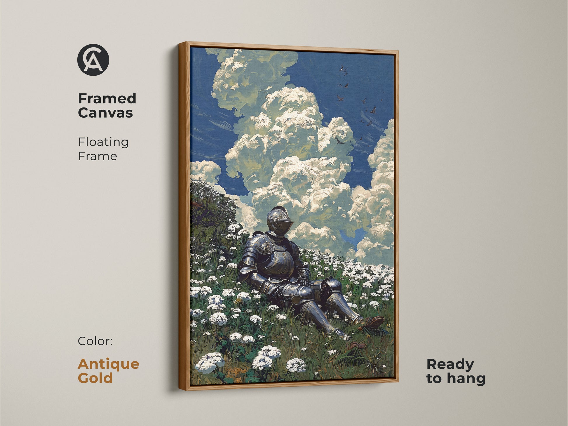 Framed canvas art showcases a medieval knight in a flower field. The antique gold floating frame accentuates the artwork. This fantasy art is ready to hang. It's perfect for home decor.