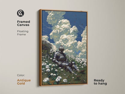 Framed canvas art showcases a medieval knight in a flower field. The antique gold floating frame accentuates the artwork. This fantasy art is ready to hang. It's perfect for home decor.