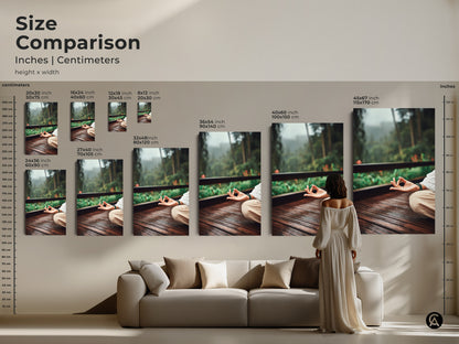 Size comparison featuring meditation artwork in various sizes in inches and centimeters. See how each size complements a modern living room setting. Choose the perfect earth tone yoga print for your space. Create a mindful atmosphere.