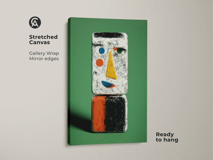 Stretched canvas of abstract face wall art. The contemporary green art is a geometric figurine on canvas. This modern entry hall decor comes ready to hang. A perfect housewarming gift.