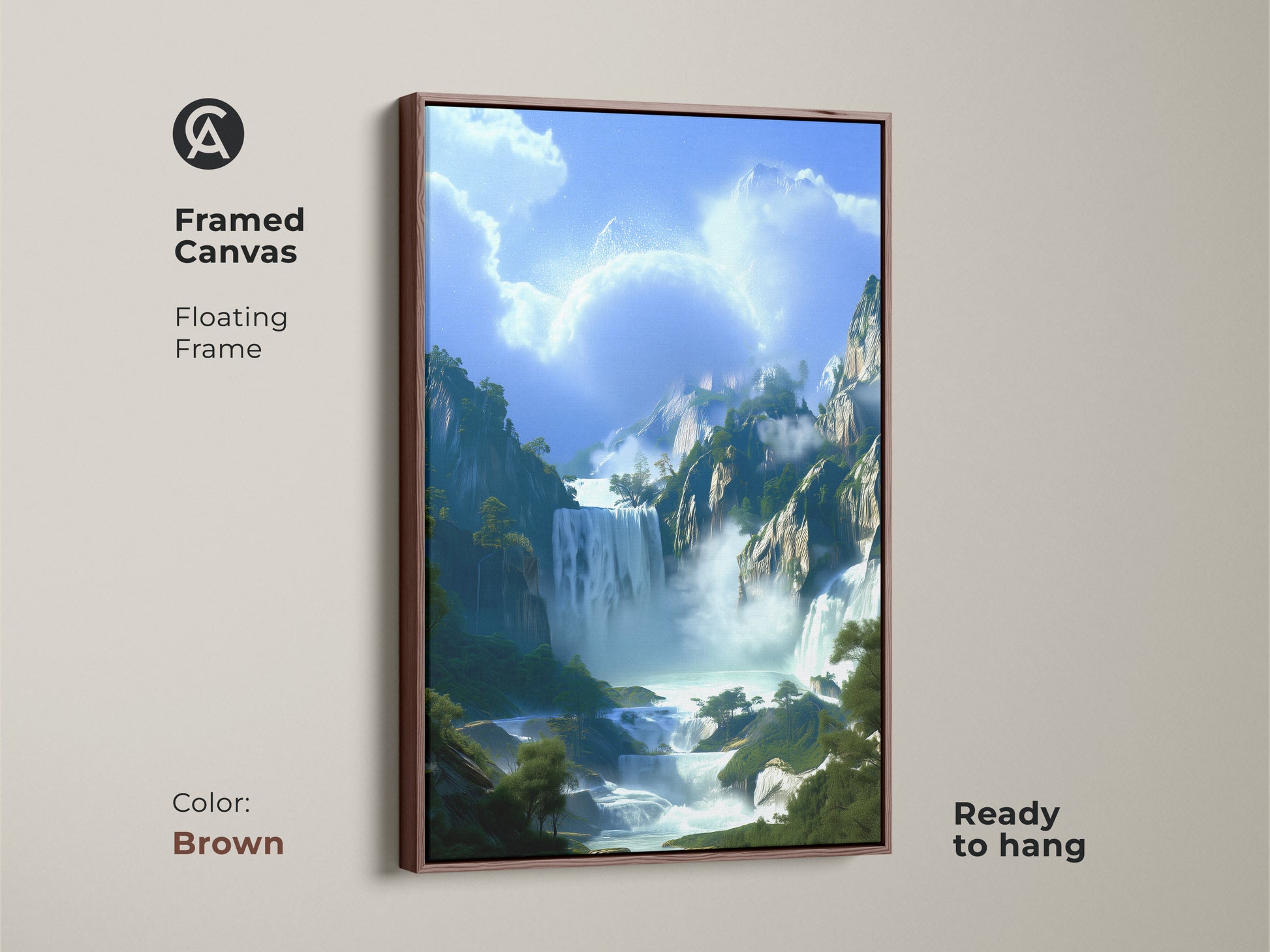 Enhance your space with this framed canvas art featuring a brown floating frame. The digital painting captures a stunning waterfall and mountain forest landscape. A sky blue and green nature scene brings a calming eclectic vibe to any room.