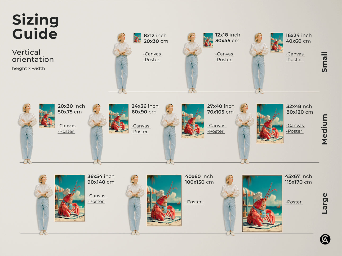 Sizing guide for vertical lobster chef artwork. Available in small medium and large sizes. The canvas and poster prints feature a lobster wearing a chef's hat. Find the ideal size to complement your space. Perfect for any room.