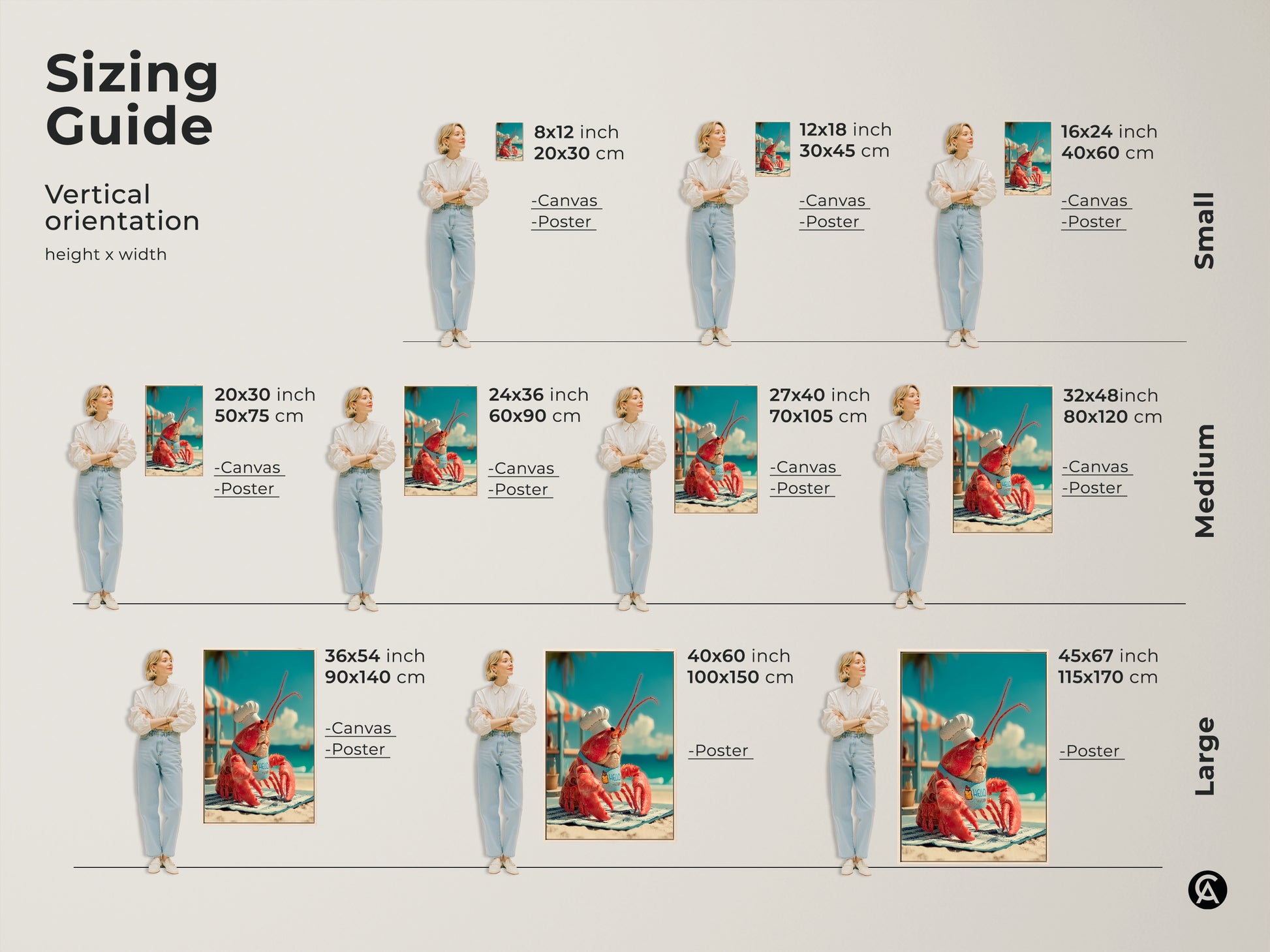 Sizing guide for vertical lobster chef artwork. Available in small medium and large sizes. The canvas and poster prints feature a lobster wearing a chef's hat. Find the ideal size to complement your space. Perfect for any room.