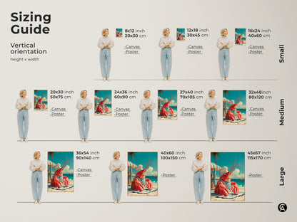 Sizing guide for vertical lobster chef artwork. Available in small medium and large sizes. The canvas and poster prints feature a lobster wearing a chef's hat. Find the ideal size to complement your space. Perfect for any room.
