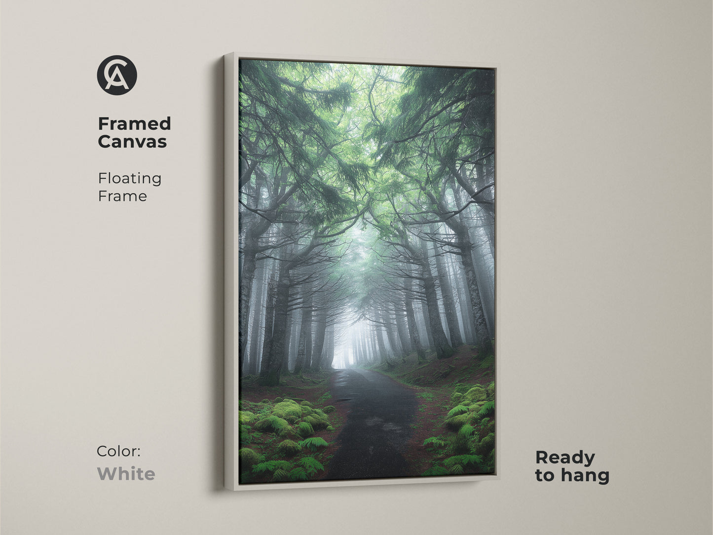 Framed canvas art featuring a misty forest path. White floating frame highlights the emerald green pine trees. Ready to hang this rustic home accent complements various decor styles. This artwork is a thoughtful housewarming gift for nature lovers. The misty landscape canvas adds serenity.