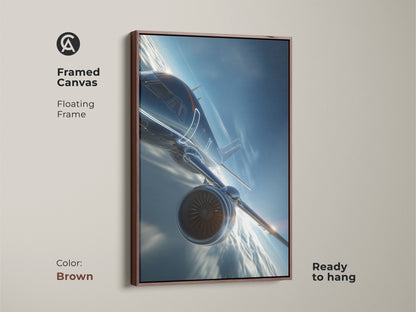 Framed canvas with a floating frame features a futuristic jet. This modern aviation wall art is ready to hang. The brown frame complements the contemporary blue and white print. Ideal for office decor or as a pilot gift.