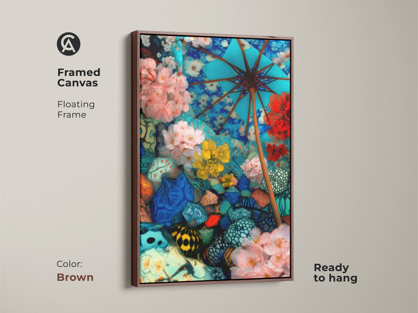 Enhance your living space with this framed canvas featuring surreal floral umbrella art. This abstract botanical wall art is set in a floating brown frame. Ready to hang it adds an eclectic touch to bedroom decor. This blue pink and teal artwork makes a statement. It’s a perfect gift for art enthusiasts who love mixed media collage art decor. It’s vibrant and unconventional.