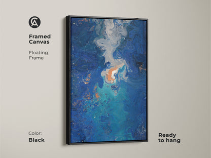 Black framed canvas art with a floating frame showcases contemporary wall art. The deep blue abstract art features fluid motion. Ready to hang this luxury abstract art piece elevates your residential wall decor.