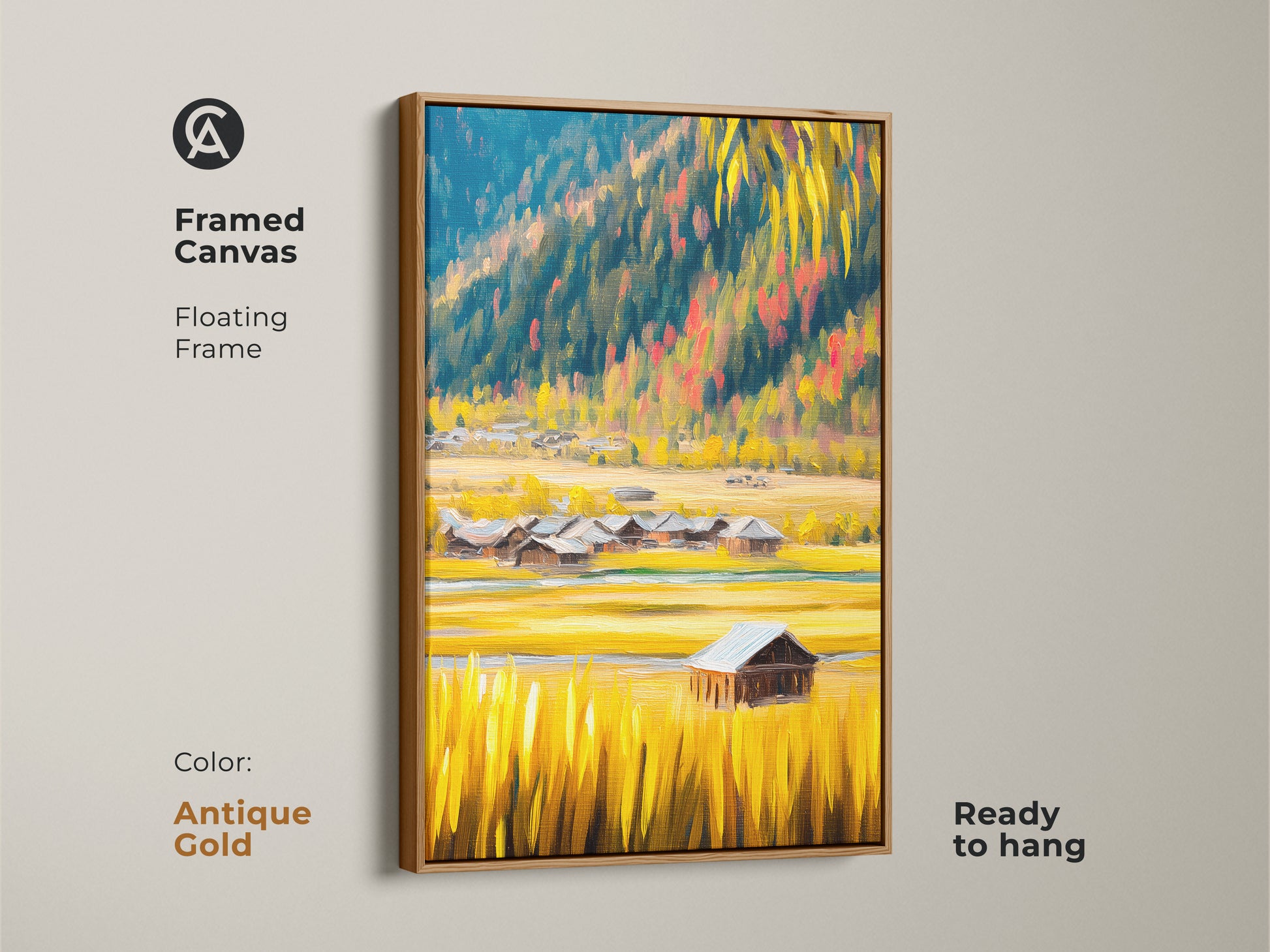 Antique gold framed canvas print featuring a rustic barn landscape. The artwork captures golden yellow fields and blue mountains. The floating frame enhances the texture. This farmhouse style wall art brings rustic charm. It's a perfect housewarming gift or a country home decor addition.