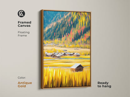 Antique gold framed canvas print featuring a rustic barn landscape. The artwork captures golden yellow fields and blue mountains. The floating frame enhances the texture. This farmhouse style wall art brings rustic charm. It's a perfect housewarming gift or a country home decor addition.