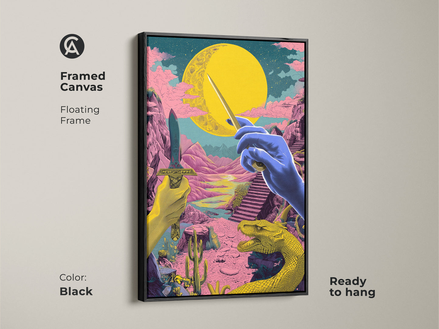 Enhance your decor with this framed canvas art. A black floating frame adds sophistication to this surreal fantasy wall art. The yellow pink and blue canvas features a dragon and dagger. Ready to hang this eclectic home decor print will transform your living room or study.