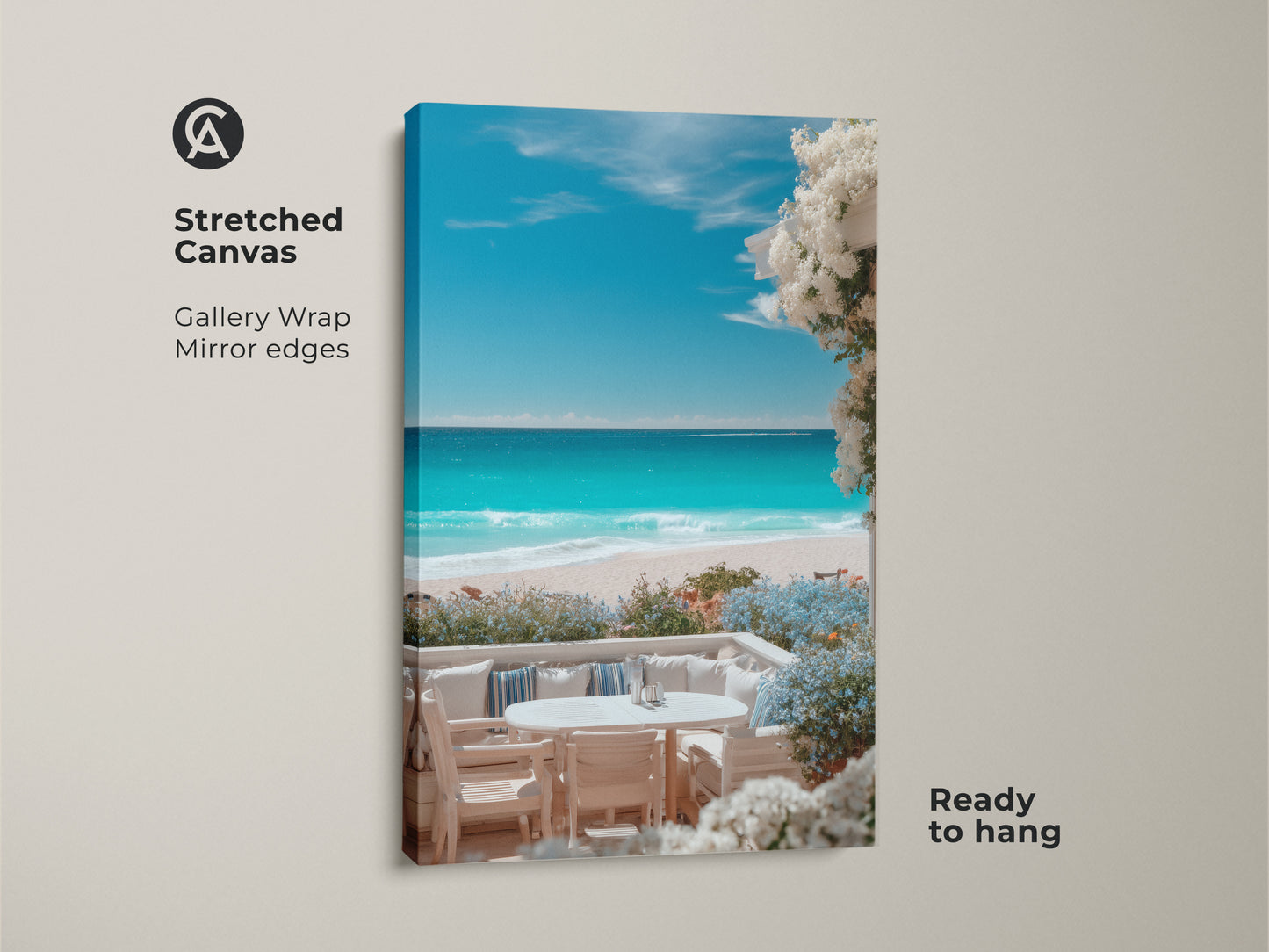 Stretched canvas artwork of a beautiful beach scene. The gallery wrap and mirror edges provide a modern aesthetic. Ready to hang this beach canvas print features clear turquoise water and white sand for any living space.