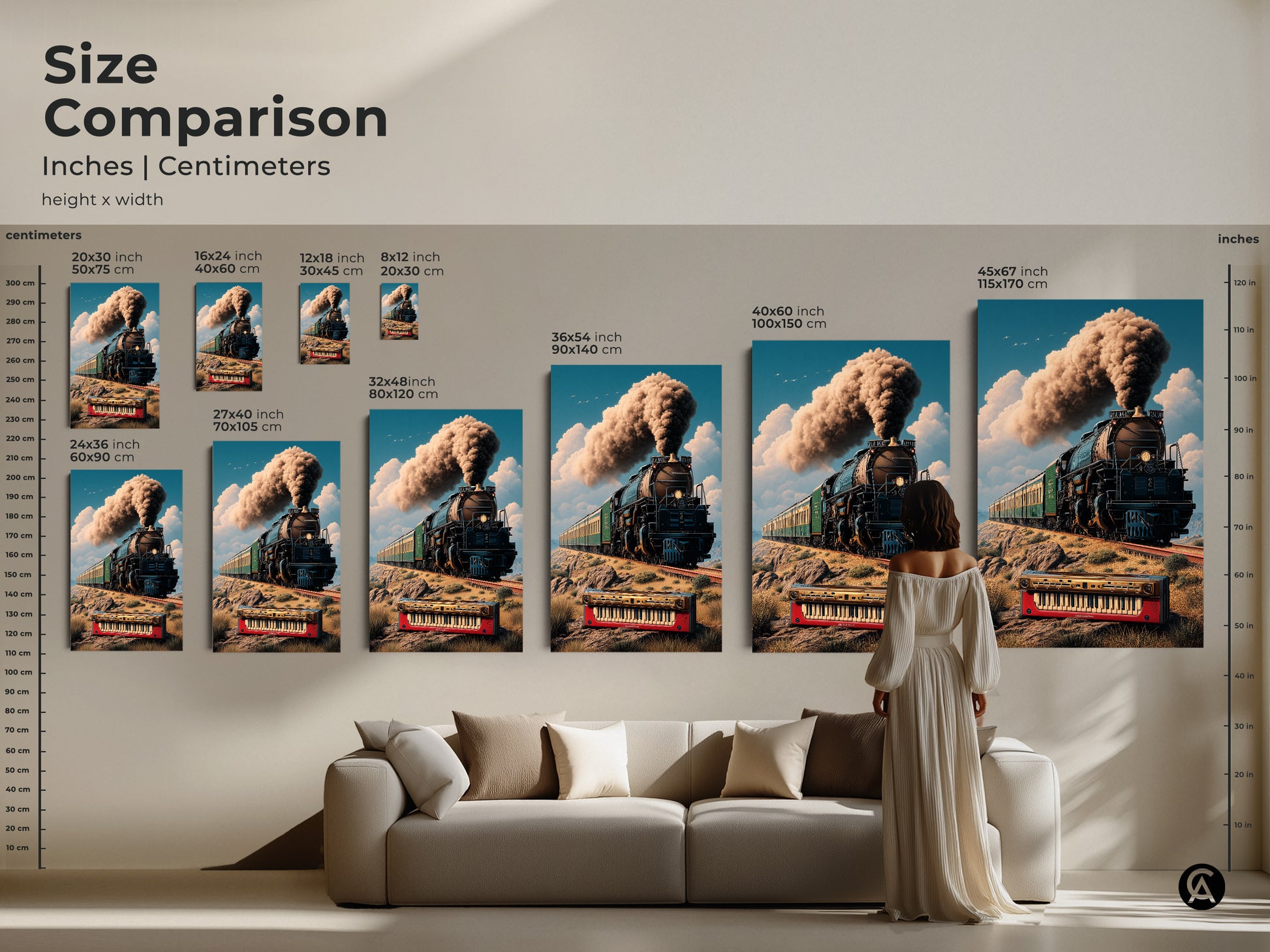 Size comparison of steam train artwork canvas prints in inches and centimeters. See how this surreal print with retro locomotive and keyboard fits your space. Ideal for music travel themed eclectic decor. Perfect art for study room or office. Visualize the best size for your home.