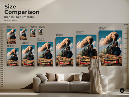 Size comparison of steam train artwork canvas prints in inches and centimeters. See how this surreal print with retro locomotive and keyboard fits your space. Ideal for music travel themed eclectic decor. Perfect art for study room or office. Visualize the best size for your home.