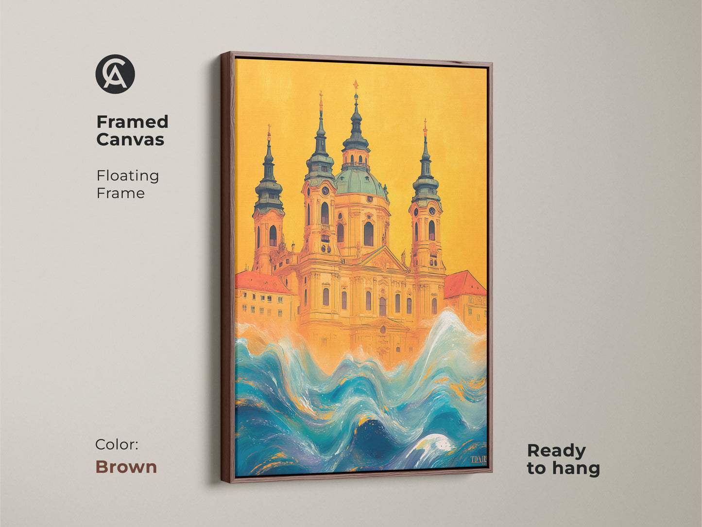 Framed canvas print of a surreal church artwork. A brown floating frame complements the art. The yellow and blue waves canvas adds an eclectic touch. This architectural waves art is ready to hang. It provides unique travel gift and brings a artistic building print to a home.