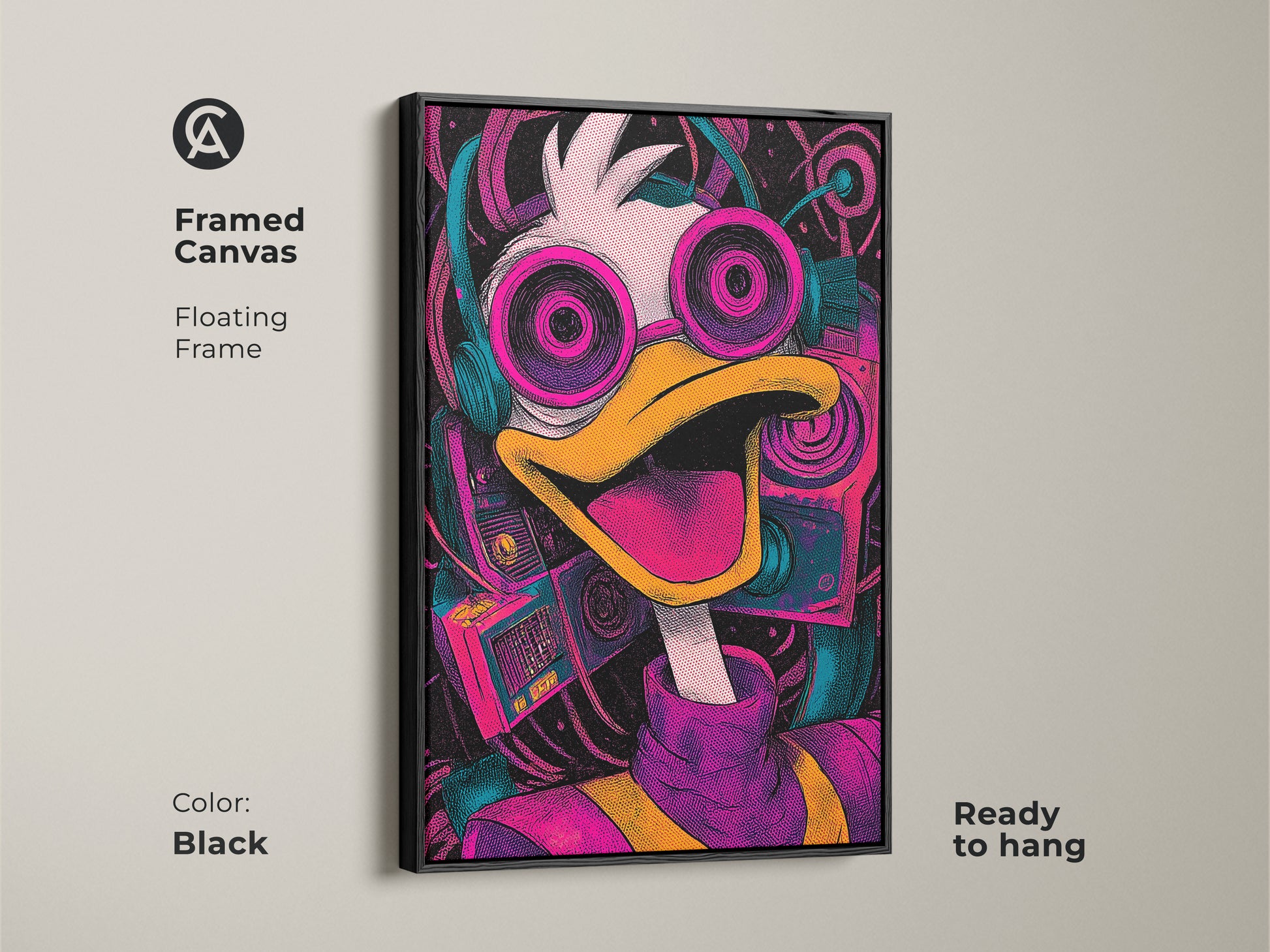 Framed canvas art of a cartoon duck with headphones. This artwork has a black floating frame. It adds a touch of whimsy to your home decor. The canvas is ready to hang and enjoy.