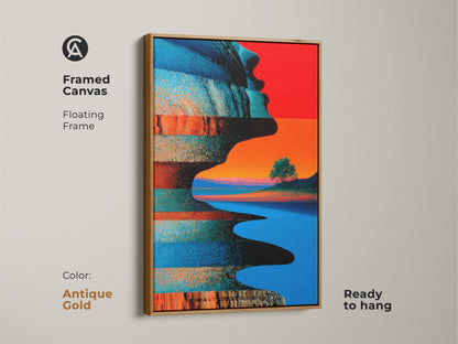 An antique gold frame accents this abstract wall art. The piece features a surreal landscape and a bold blue and orange color. This modern artwork is suited for modern office decor. It is a unique piece for any art enthusiast looking for wall art.