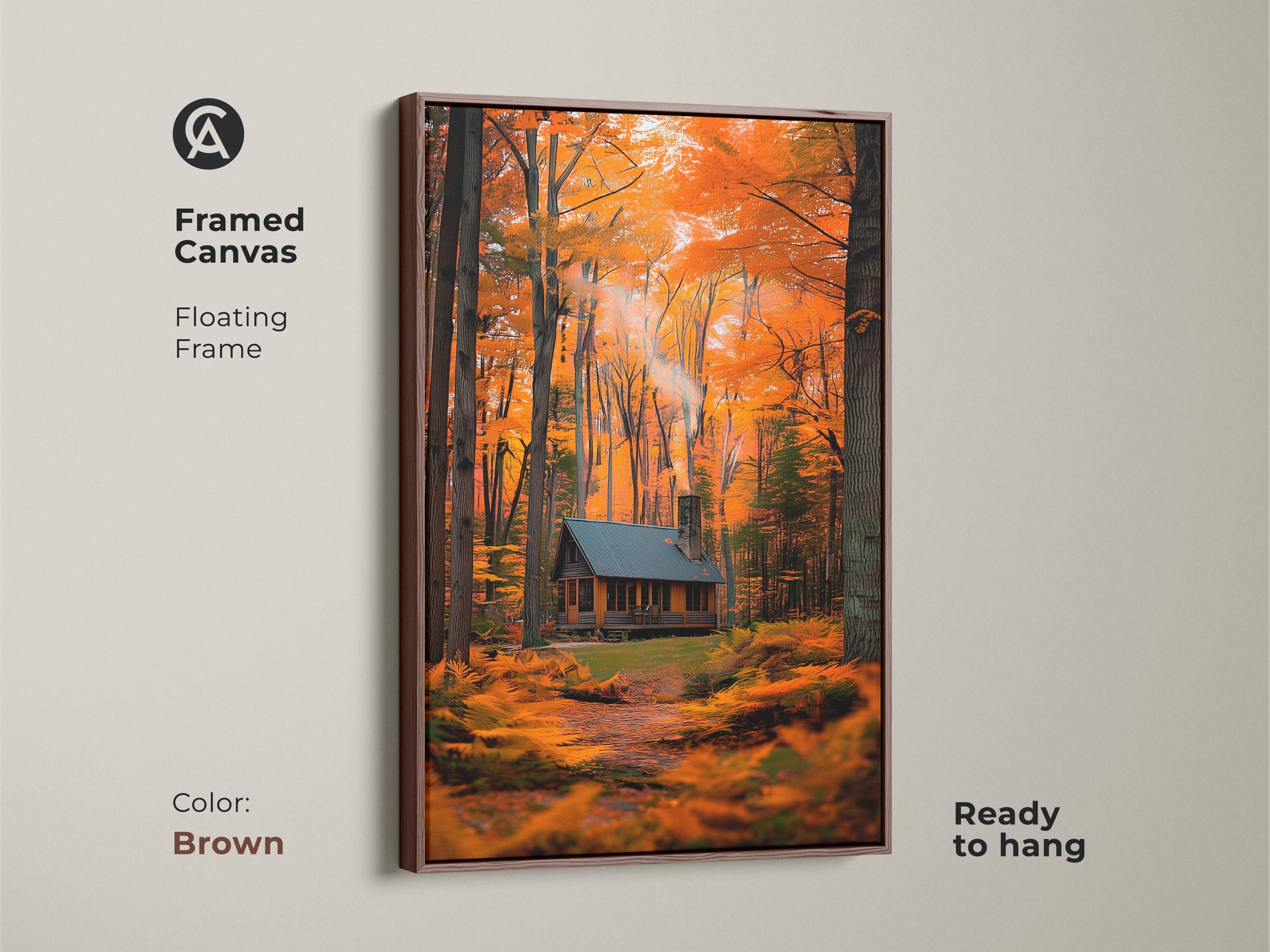 A framed canvas featuring a log cabin in the fall. The floating frame in brown complements the warm tones of the artwork. Ready to hang this piece adds a rustic charm. This art is perfect for creating a cozy atmosphere in any room.
