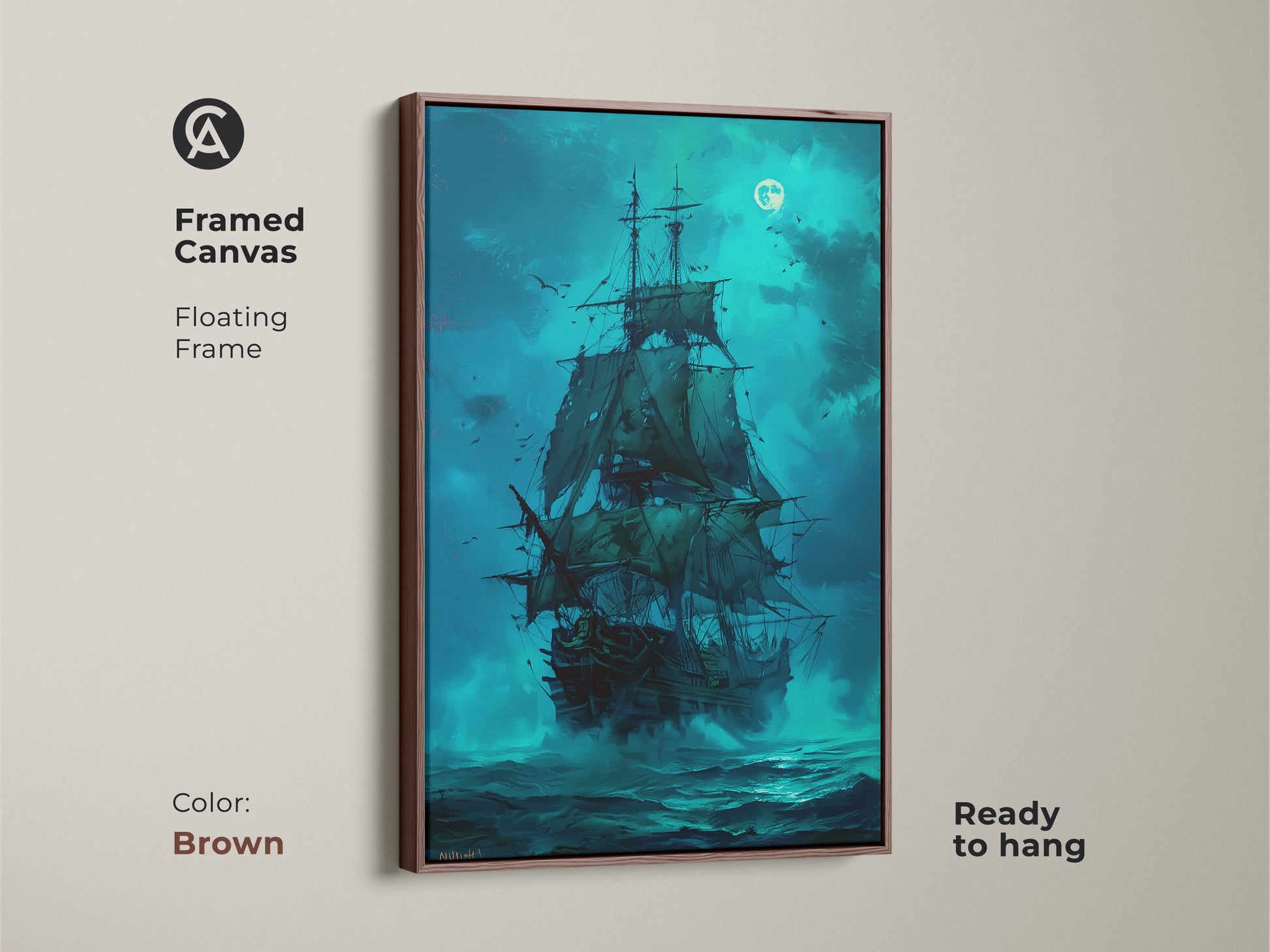 Brown Framed Canvas Artwork of a Pirate Ship Sailing Under the Moonlight. The warm tones of the frame complement the artwork. This floating frame adds a touch of sophistication. Ideal for nautical themed home decor. Add this to your collection today