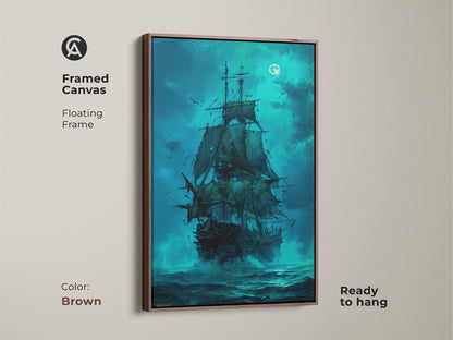 Brown Framed Canvas Artwork of a Pirate Ship Sailing Under the Moonlight. The warm tones of the frame complement the artwork. This floating frame adds a touch of sophistication. Ideal for nautical themed home decor. Add this to your collection today