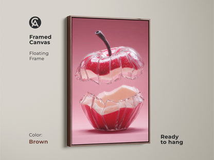 Framed canvas featuring abstract red apple art. The brown floating frame enhances the modern kitchen wall art. This contemporary home decor is ready to hang. A surreal pink artwork adding a unique touch. A perfect foodie gift for a stylish kitchen.