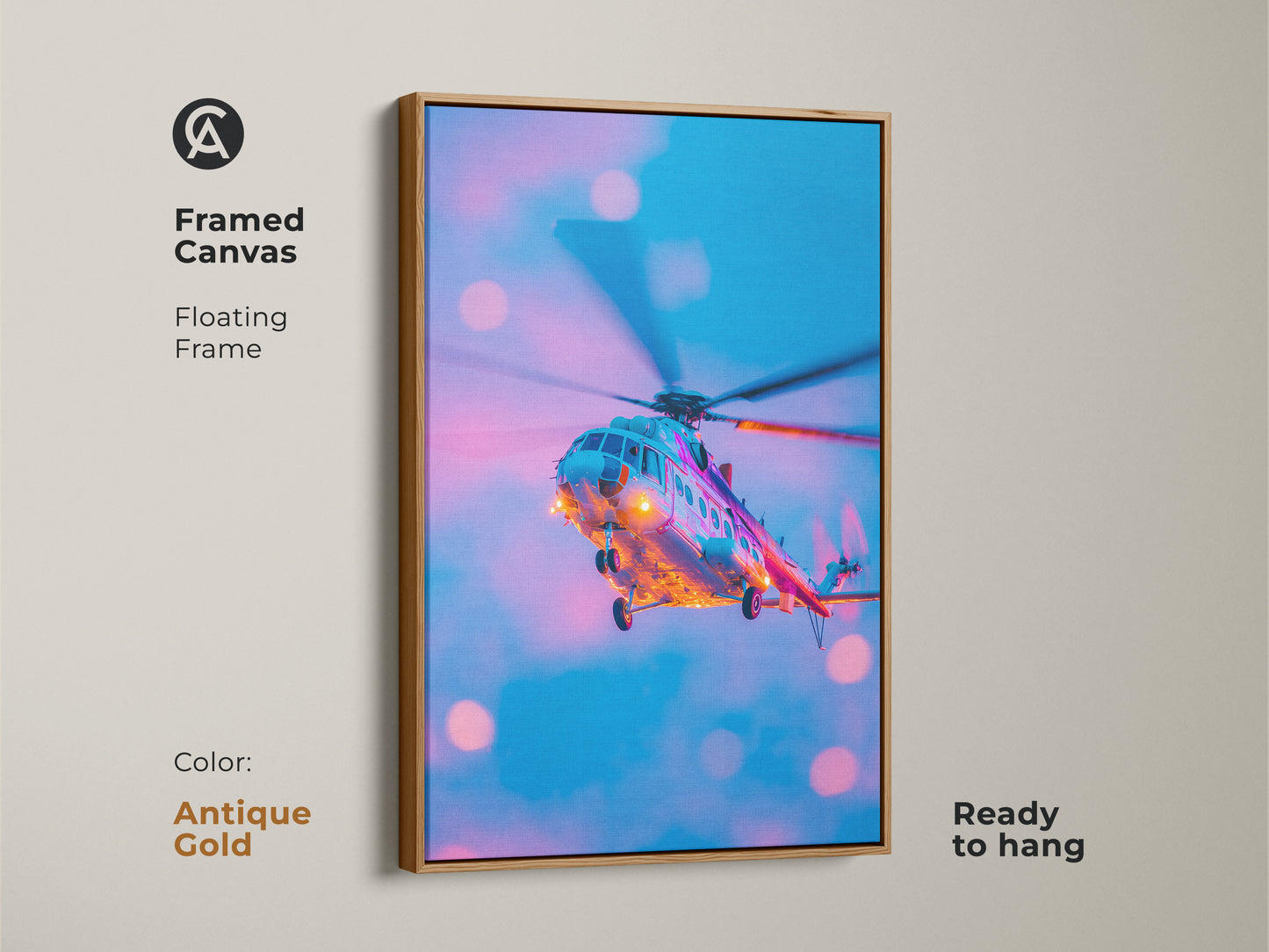 Antique gold framed canvas art of a helicopter. Ready to hang this piece features a floating frame. The helicopter art adds a vintage touch to any room. Ideal for aviation art lovers. This framed canvas is a stylish addition to your home.