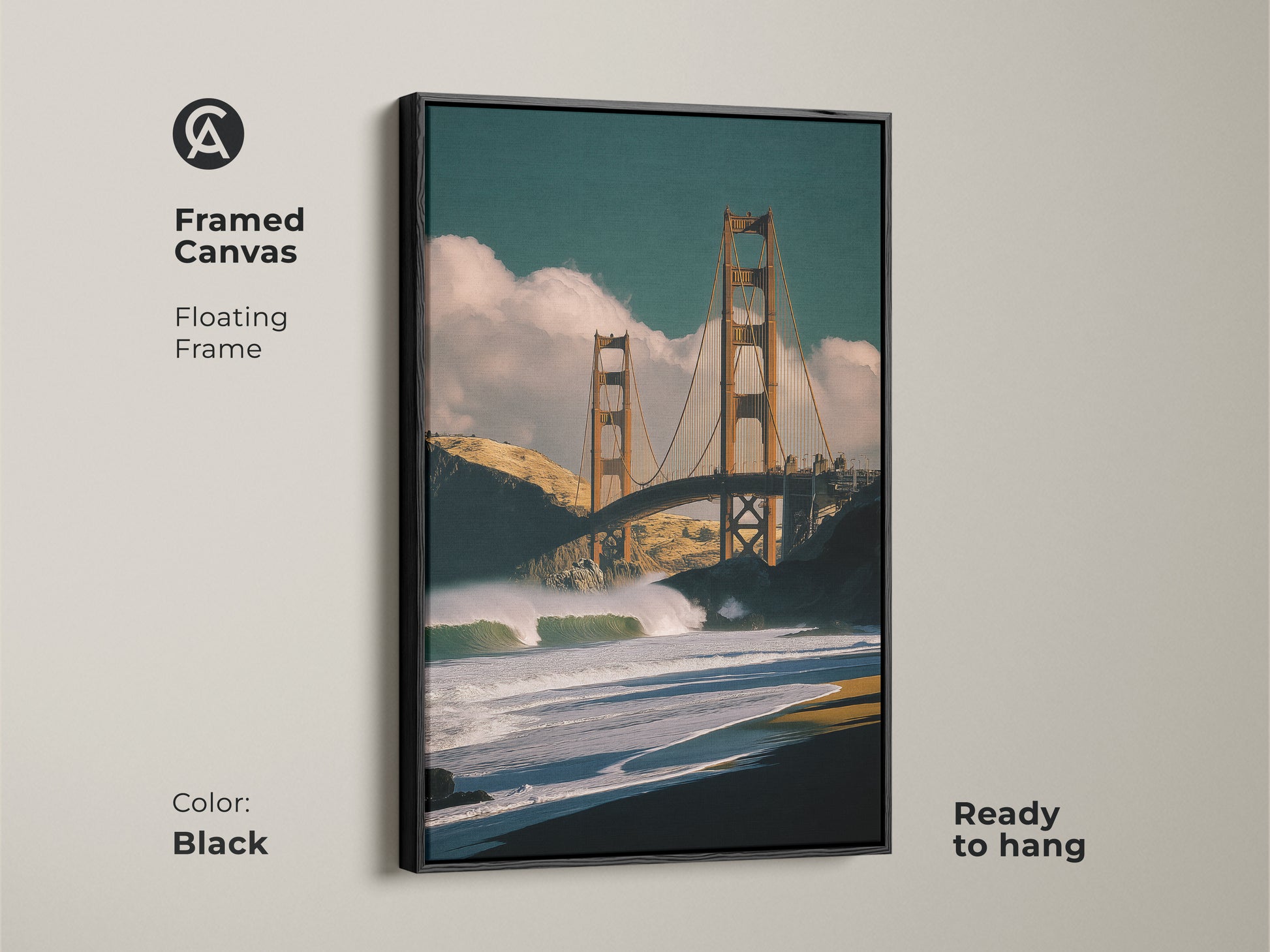 Framed canvas featuring the Golden Gate Bridge and ocean waves. Black floating frame adds a modern touch. Ready to hang San Francisco artwork. A great housewarming present art.