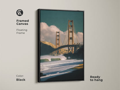 Framed canvas featuring the Golden Gate Bridge and ocean waves. Black floating frame adds a modern touch. Ready to hang San Francisco artwork. A great housewarming present art.