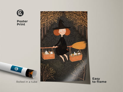 This poster print showcases a black and gold witch. The artwork is easy to frame for a child's room. The print captures a whimsical fantasy theme. Perfect as Halloween kids room wall art this autumn witch broomstick print is a charming addition
