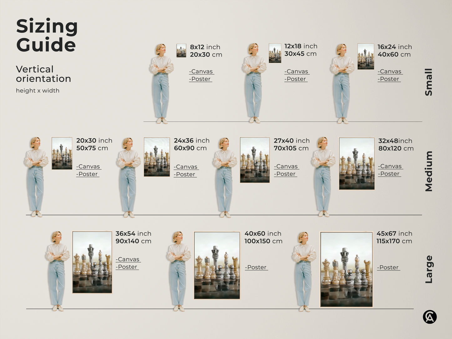 Explore sizing options for modern abstract chess art perfect for any space from small to large. Discover realistic King and Queen canvas prints ideal as strategy games decor. Choose beige brown gray tones to complement your office artwork. An intellectual gift for chess players.