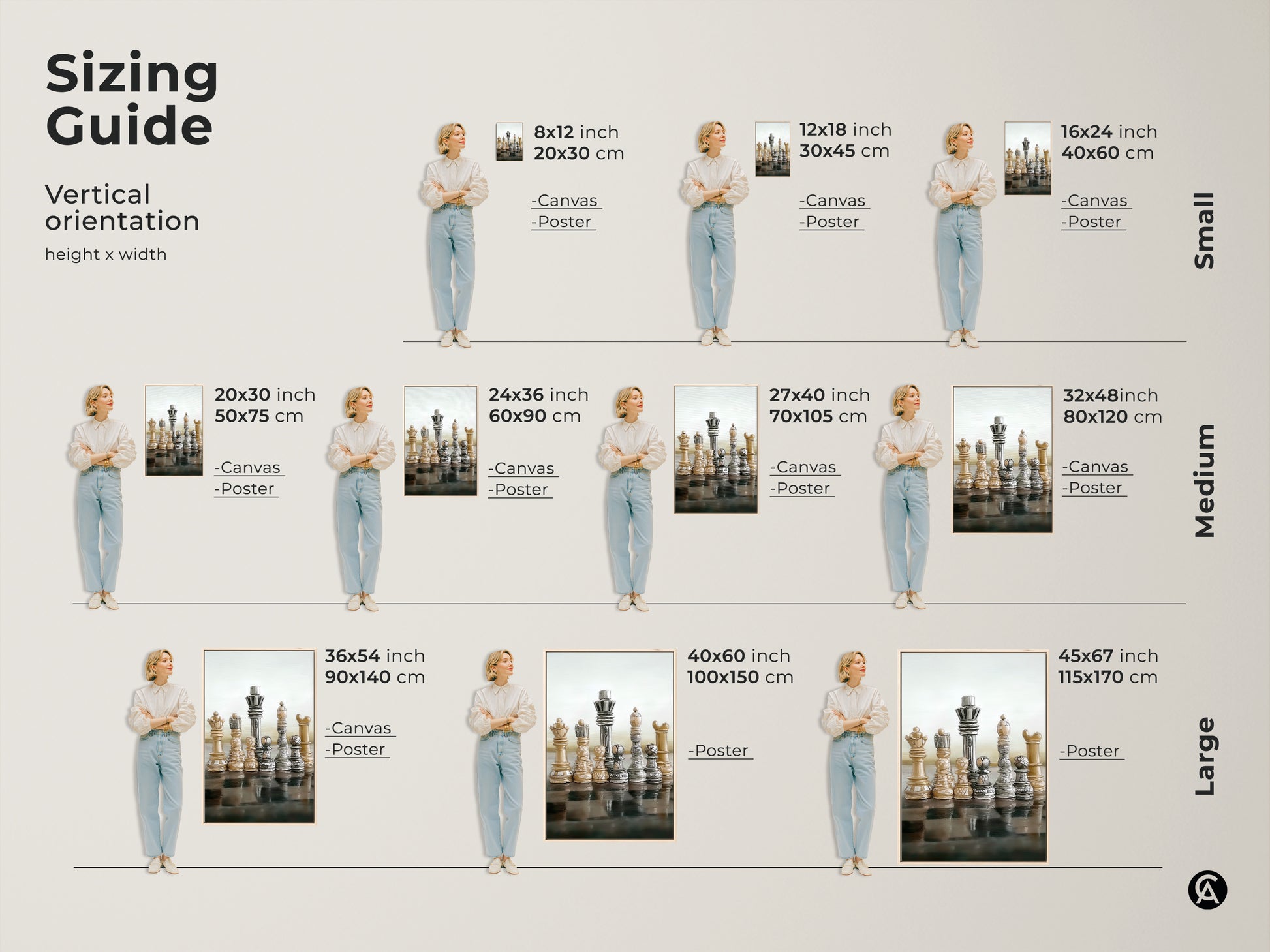 Explore sizing options for modern abstract chess art perfect for any space from small to large. Discover realistic King and Queen canvas prints ideal as strategy games decor. Choose beige brown gray tones to complement your office artwork. An intellectual gift for chess players.
