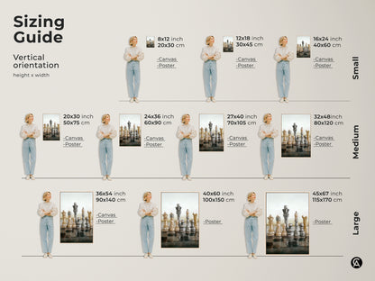 Explore sizing options for modern abstract chess art perfect for any space from small to large. Discover realistic King and Queen canvas prints ideal as strategy games decor. Choose beige brown gray tones to complement your office artwork. An intellectual gift for chess players.