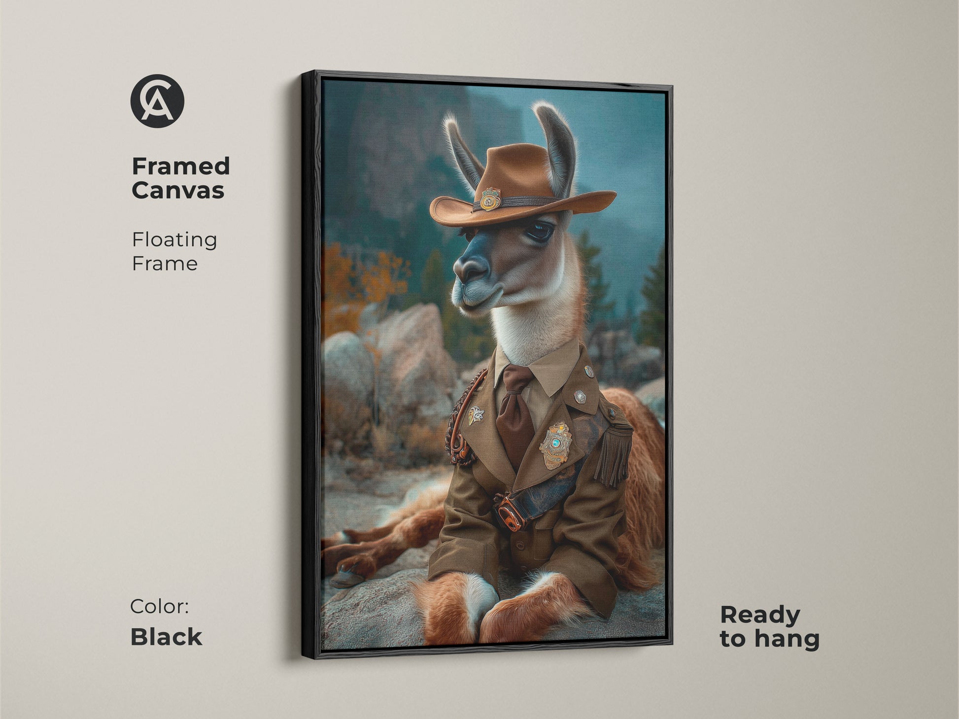 Framed canvas showcasing the Cowboy Llama artwork with a floating frame. This eclectic animal portrait makes a unique study room decor. Ready to hang this is an ideal gift for animal enthusiasts.