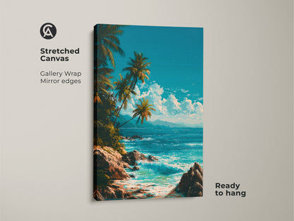 Stretched canvas print of a tropical beach scene. Coastal artwork with palm trees and ocean waves. The gallery wrapped canvas features mirrored edges. Ready to hang for easy home decor.