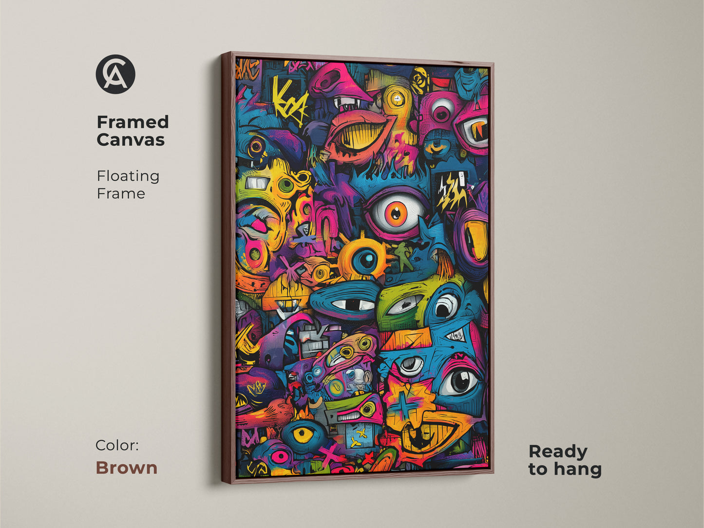 Brown Framed Canvas Graffiti Pop Art. This artwork features a vibrant graffiti style. The floating frame adds a touch of sophistication. Ready to hang and instantly elevate your space. Buy now and enjoy this eye-catching piece!