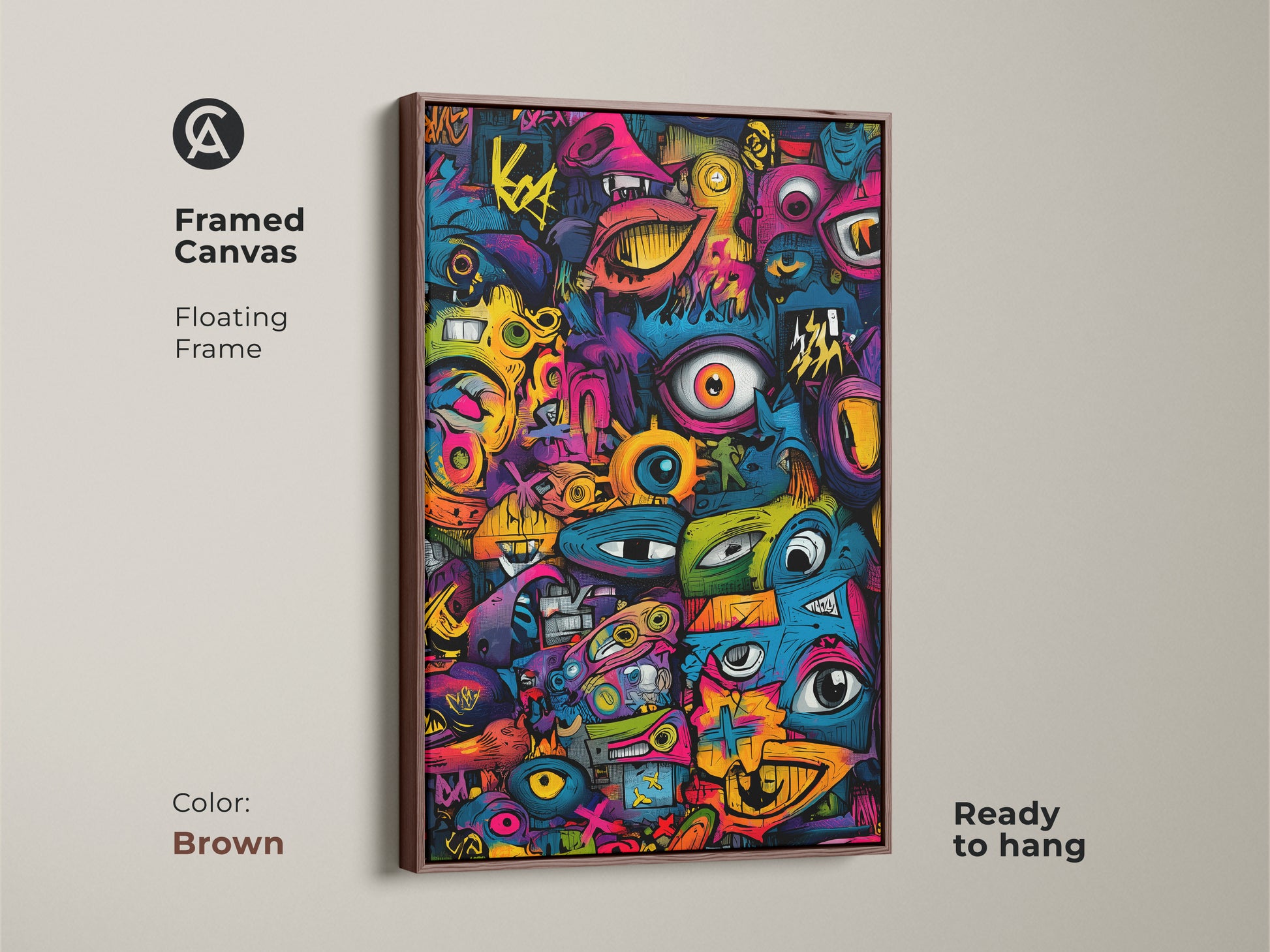 Brown Framed Canvas Graffiti Pop Art. This artwork features a vibrant graffiti style. The floating frame adds a touch of sophistication. Ready to hang and instantly elevate your space. Buy now and enjoy this eye-catching piece!