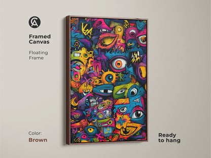 Brown Framed Canvas Graffiti Pop Art. This artwork features a vibrant graffiti style. The floating frame adds a touch of sophistication. Ready to hang and instantly elevate your space. Buy now and enjoy this eye-catching piece!