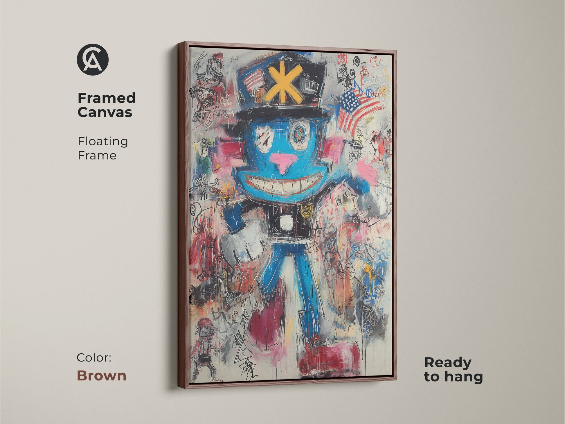 Framed Canvas in Antique Gold featuring graffiti character art. This eclectic art print adds a vibrant touch to any entryway. The modern blue red art is ready to hang. It's a unique wall hanging for bold home decor.