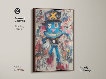Framed Canvas in Antique Gold featuring graffiti character art. This eclectic art print adds a vibrant touch to any entryway. The modern blue red art is ready to hang. It's a unique wall hanging for bold home decor.