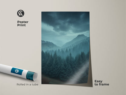 Poster print of misty blue mountain artwork. This gray landscape art captures a serene pine forest. Easy to frame nature print. Ideal for outdoor enthusiasts and rustic decor lovers.