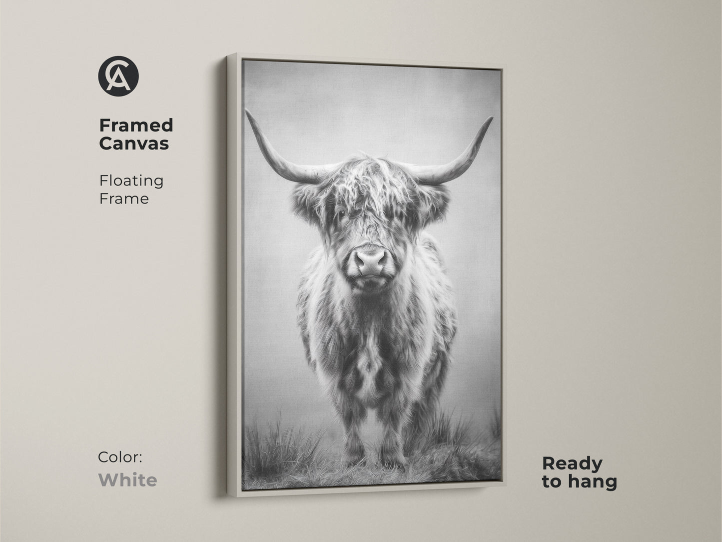 White framed canvas art presents a stunning Highland cow. This monochrome bull print suits modern rustic decor. Ready to hang farmhouse animal wall decor brings neutral wildlife art to your space.
