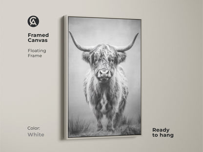 White framed canvas art presents a stunning Highland cow. This monochrome bull print suits modern rustic decor. Ready to hang farmhouse animal wall decor brings neutral wildlife art to your space.