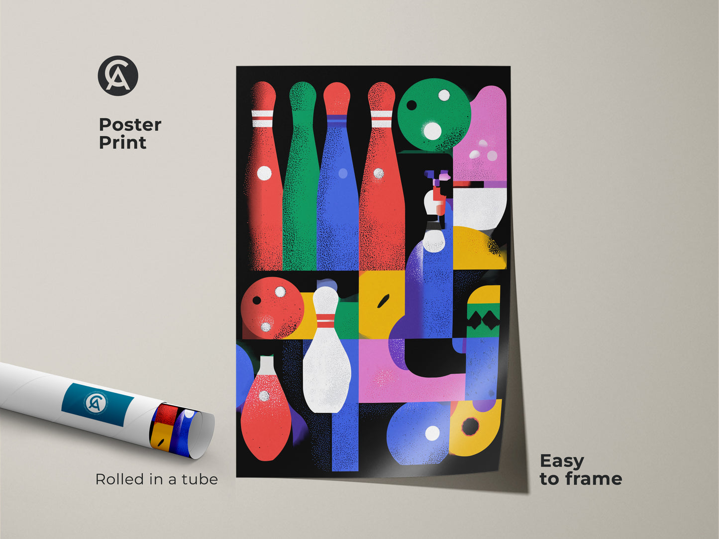 Poster print of a modern geometric bowling artwork. This abstract geometric art print arrives rolled in a tube and is easy to frame. The mid-century modern art style makes it ideal for game room wall decor. It's a unique sports enthusiast gift with red blue and pink abstract shapes. A perfect addition to eclectic home decor.