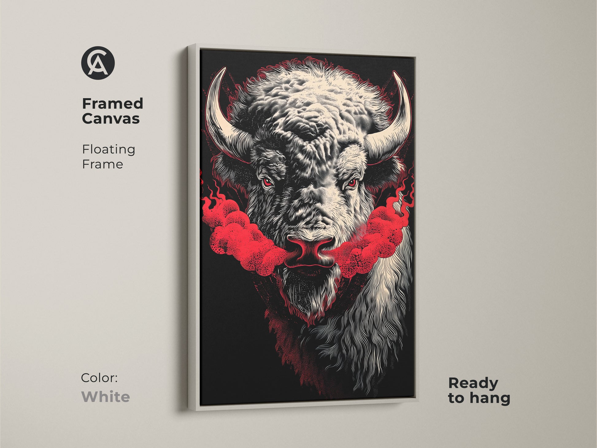 A framed canvas print of a buffalo head. Red smoke comes from the buffalo's nose. The frame is white and the canvas is ready to hang. Buy this unique buffalo artwork for your home. A simple white frame will suit any space.